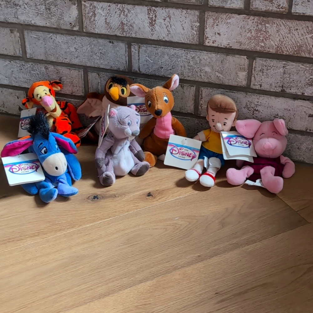 RARE Set of 7 Disney Store Mini Bean Bag Plush 8" Winnie the Pooh Characters